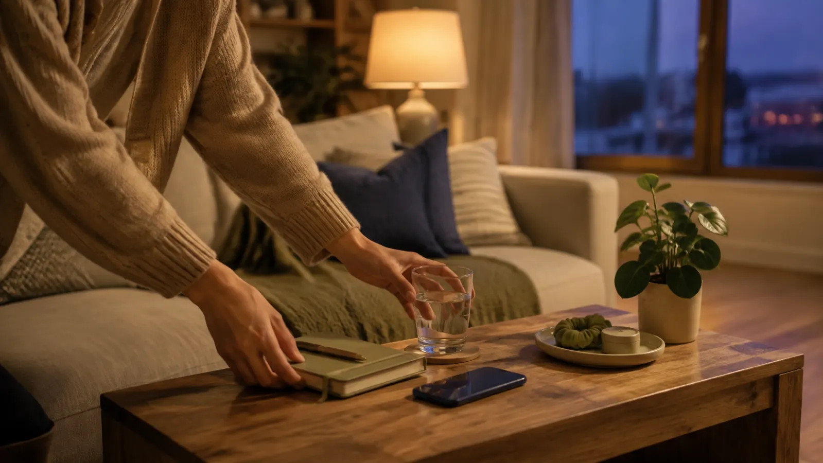 Person preparing a notebook and glass of water during an evening reset