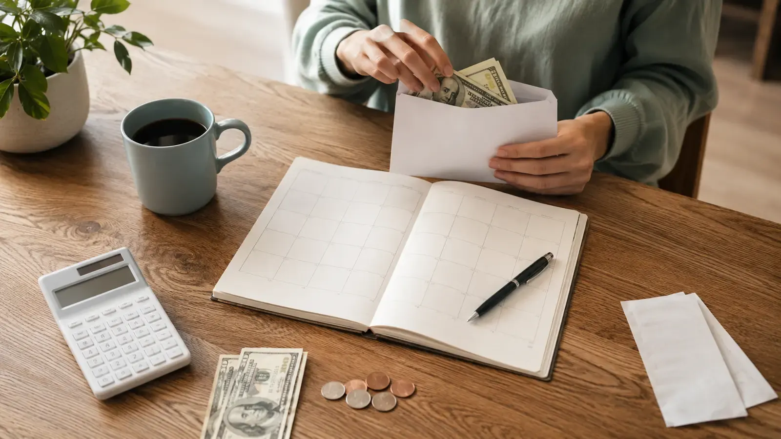 Person placing discretionary cash into a plain envelope beside a monthly planner