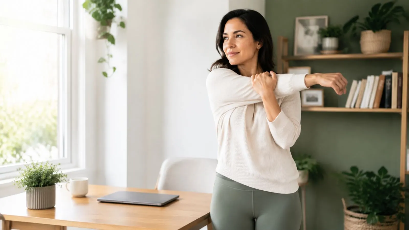 An adult doing a gentle shoulder stretch beside a home-office desk