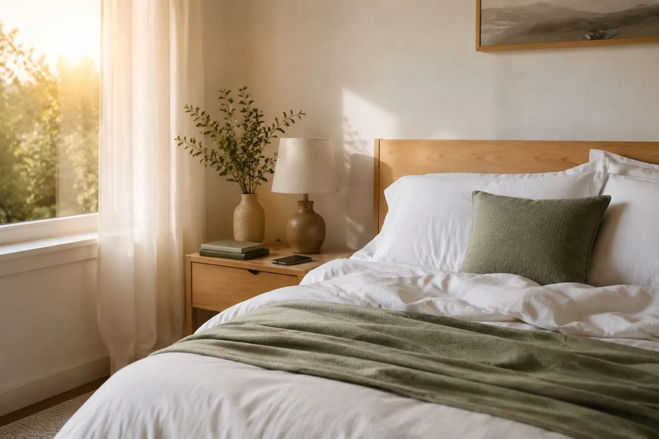 Sunlit bedroom with white and sage bedding prepared for restful sleep