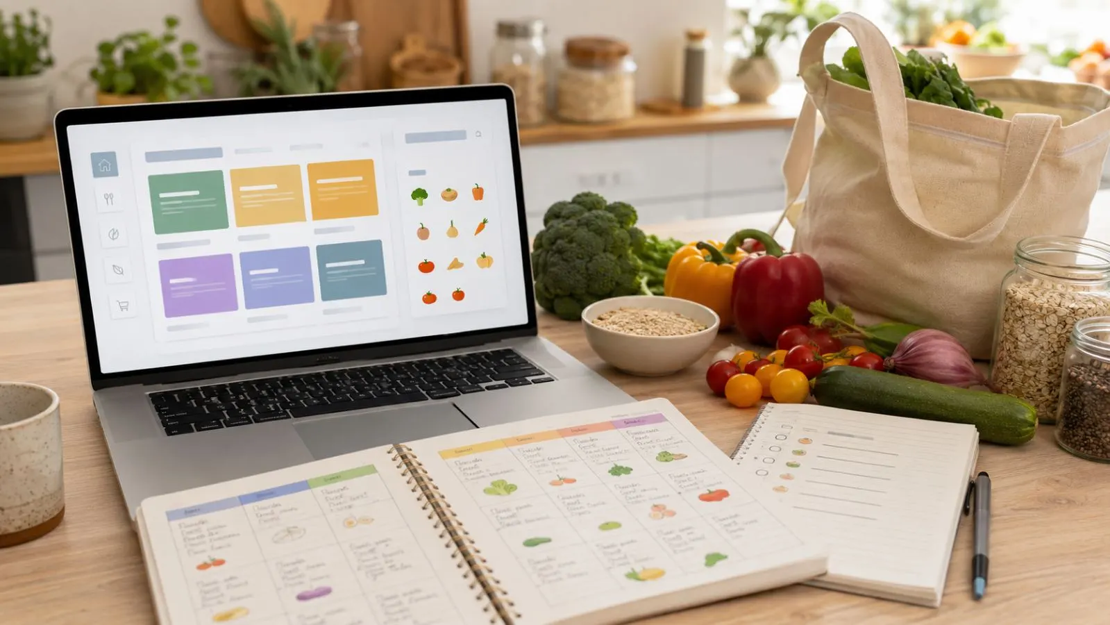 A laptop with a generic meal-planning interface beside a handwritten weekly menu, grocery list, vegetables, grains, and a reusable shopping bag
