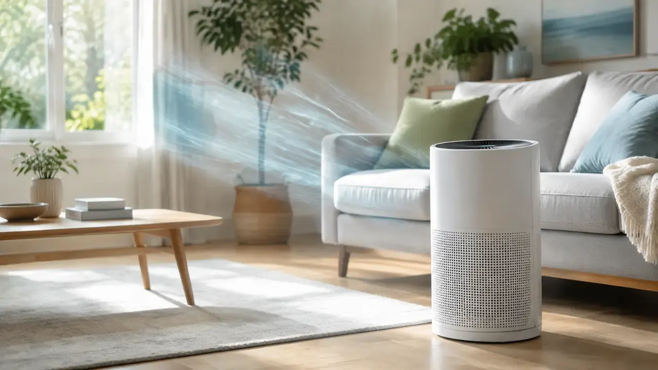 White portable air purifier in a bright modern living room