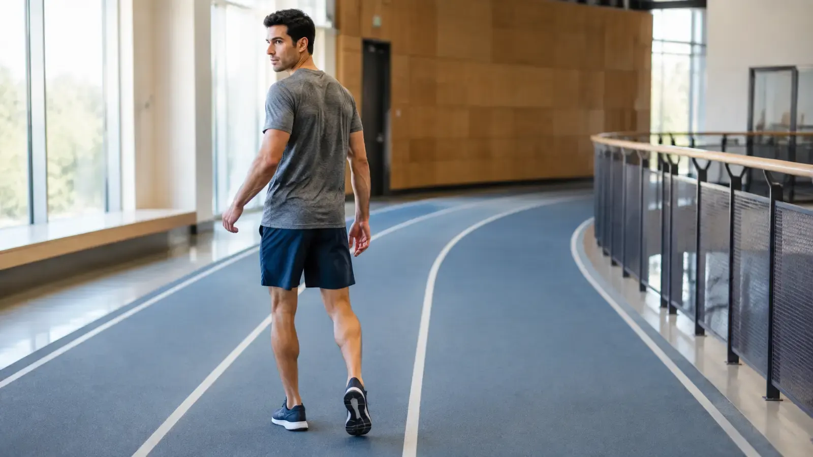 Beginner practicing backward walking safely on a clear indoor fitness track
