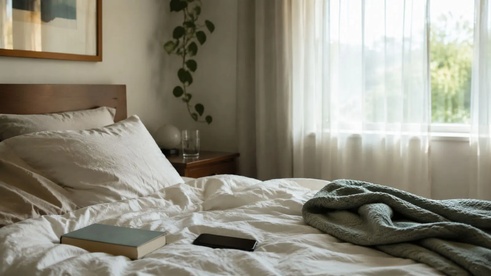A softly lit unmade bed with a folded blanket, a book, a phone placed face down, and a glass of water in a calm daytime bedroom