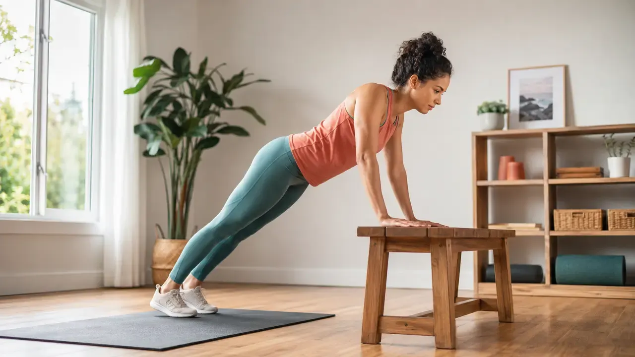 Beginner performing a controlled incline push-up on a sturdy bench