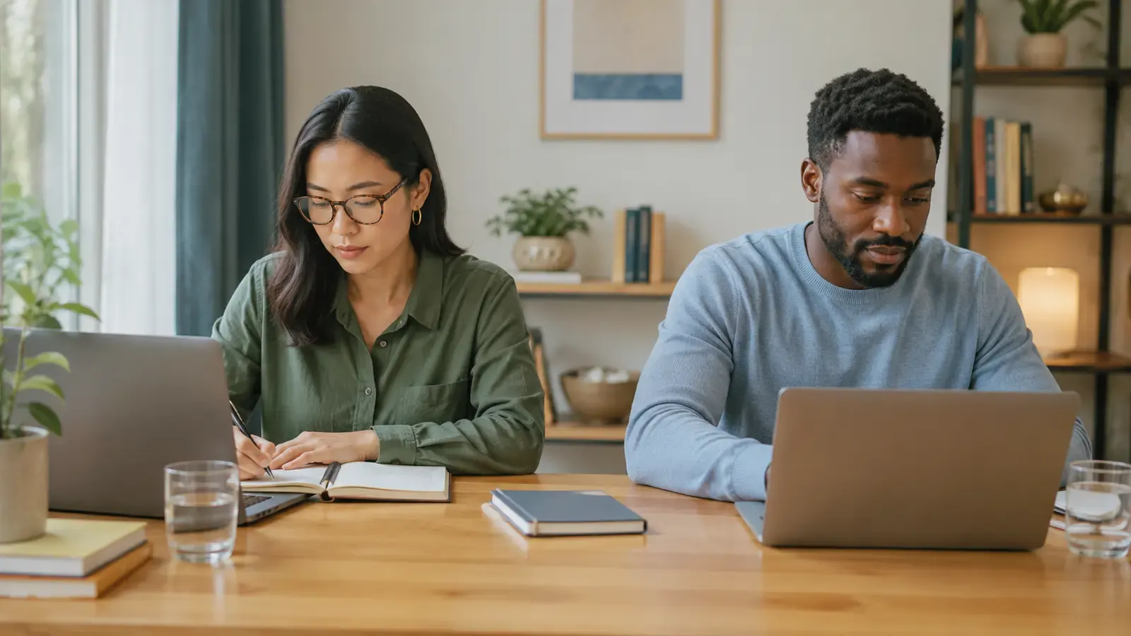 Two professionals quietly focusing on separate tasks at a shared table
