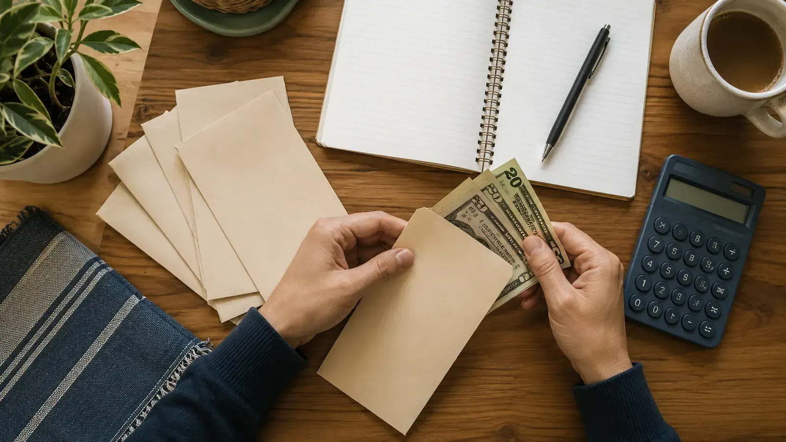 Hands organizing cash into plain budgeting envelopes beside a calculator