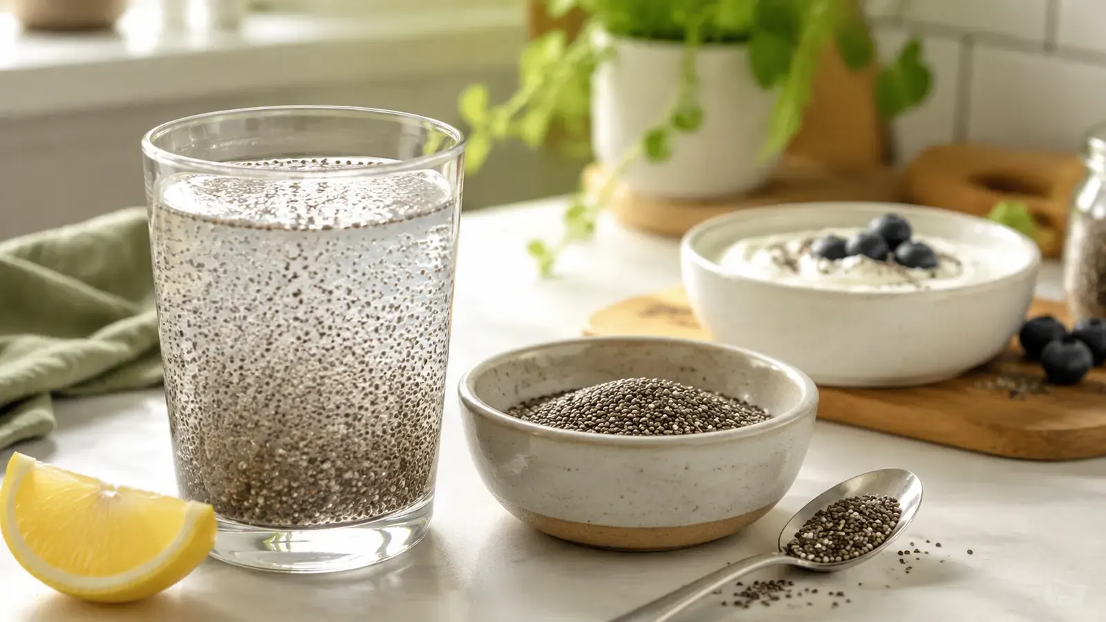 Glass of fully hydrated chia seed water beside dry chia seeds and lemon