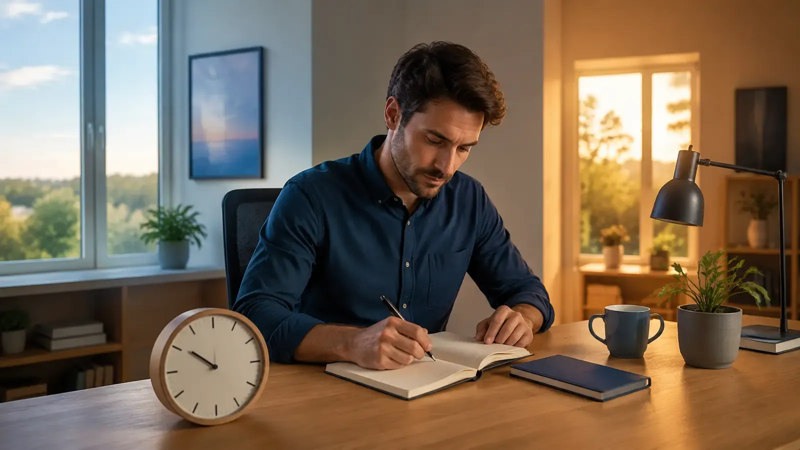 Professional focusing at a home-office desk between cool morning and warm afternoon light