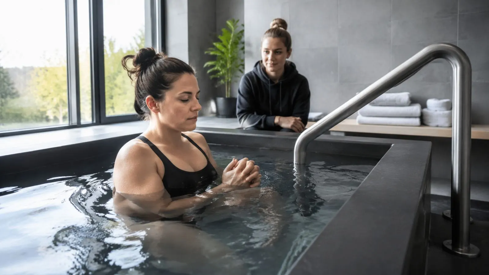 Adult using a cold-water plunge tub with a companion nearby for safety