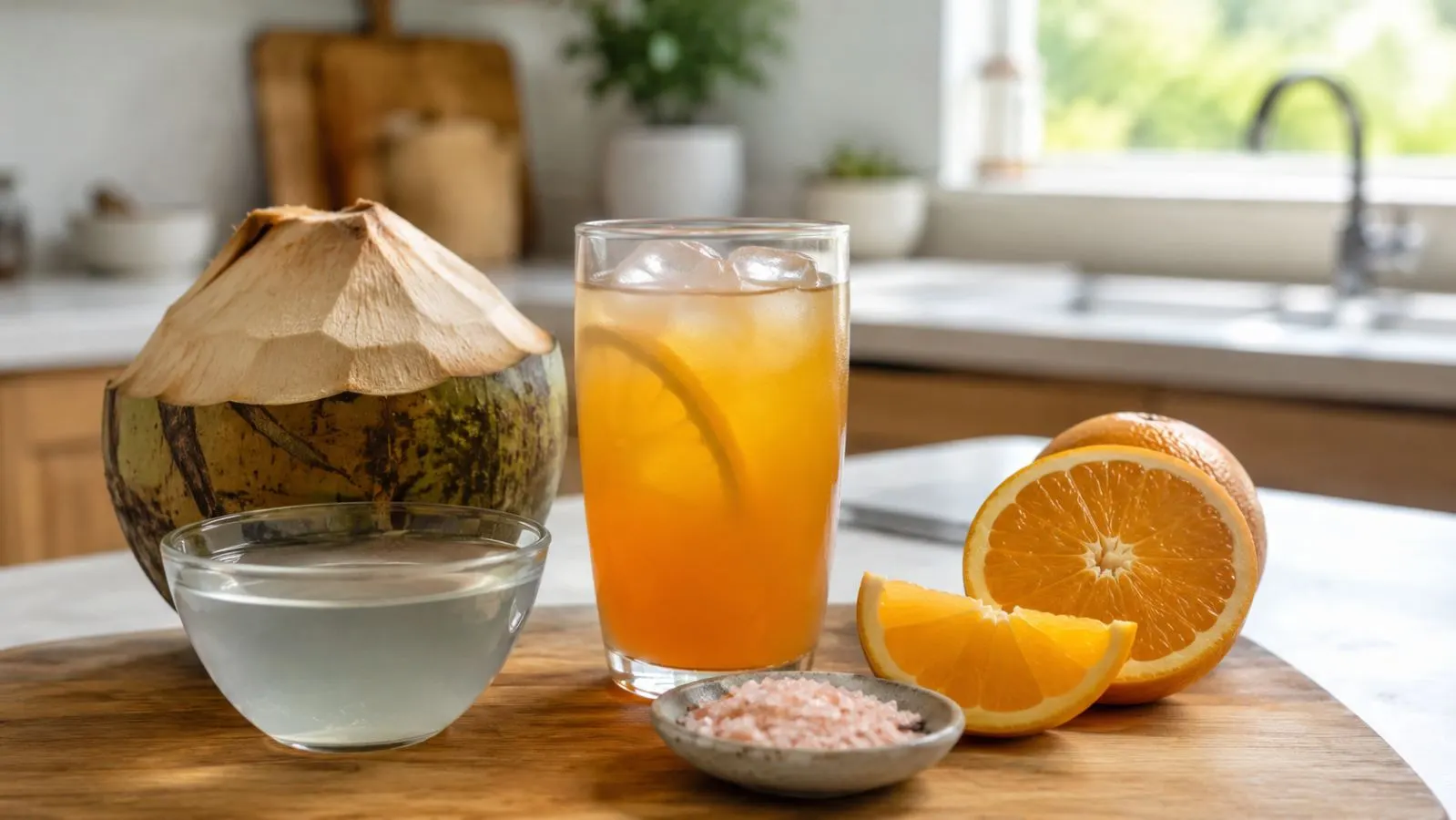 Orange citrus drink with coconut water, orange slices and a small bowl of salt
