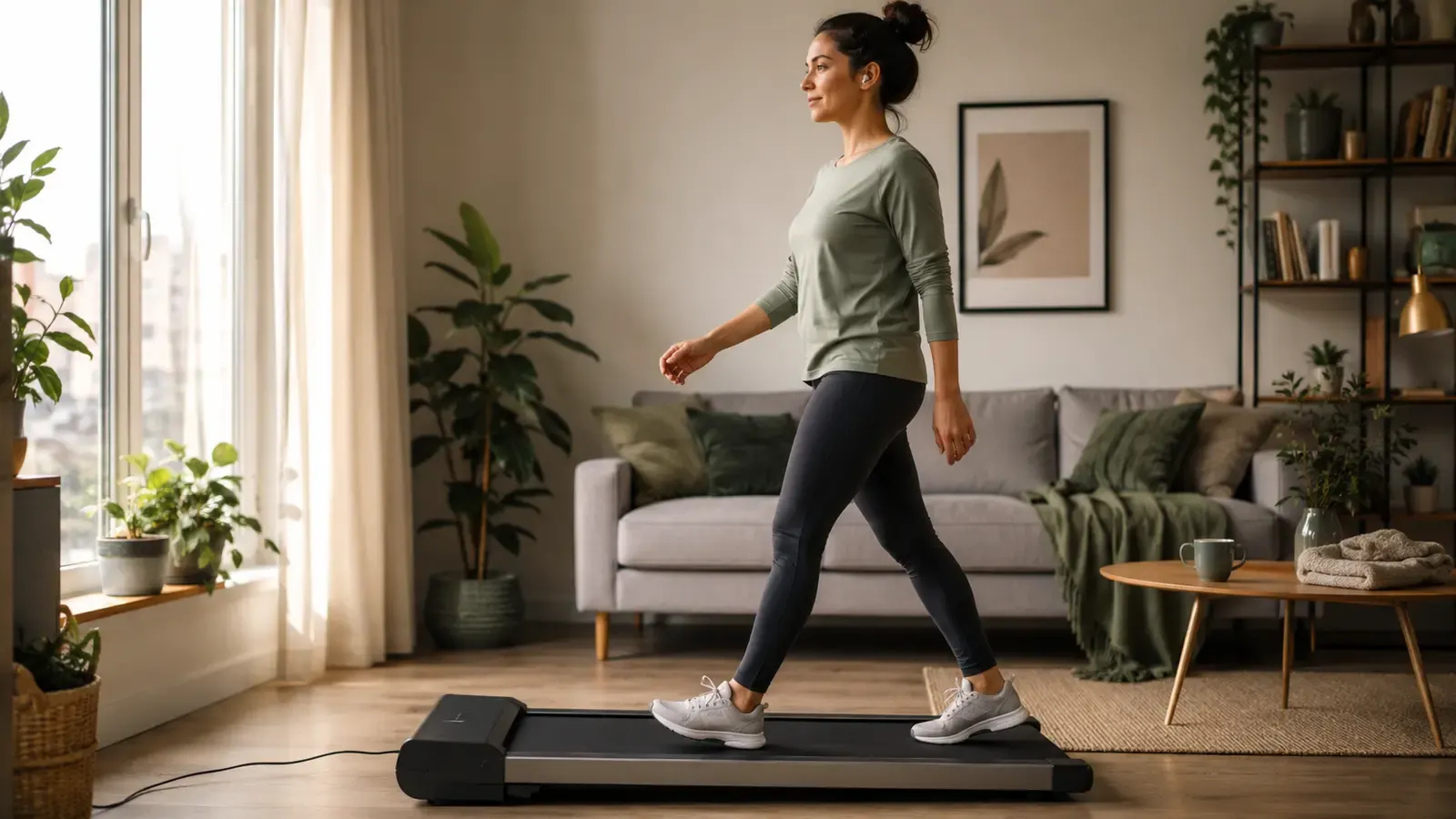 Woman doing relaxed indoor cardio on a compact treadmill in a warm living room