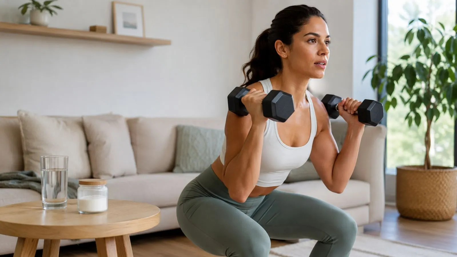 Woman strength training with dumbbells beside water and an unbranded creatine container