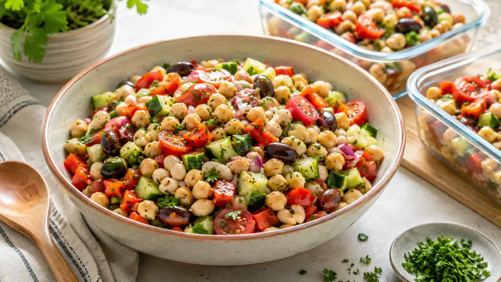 Mediterranean dense bean salad with chickpeas, vegetables, olives, and herbs prepared for meal prep