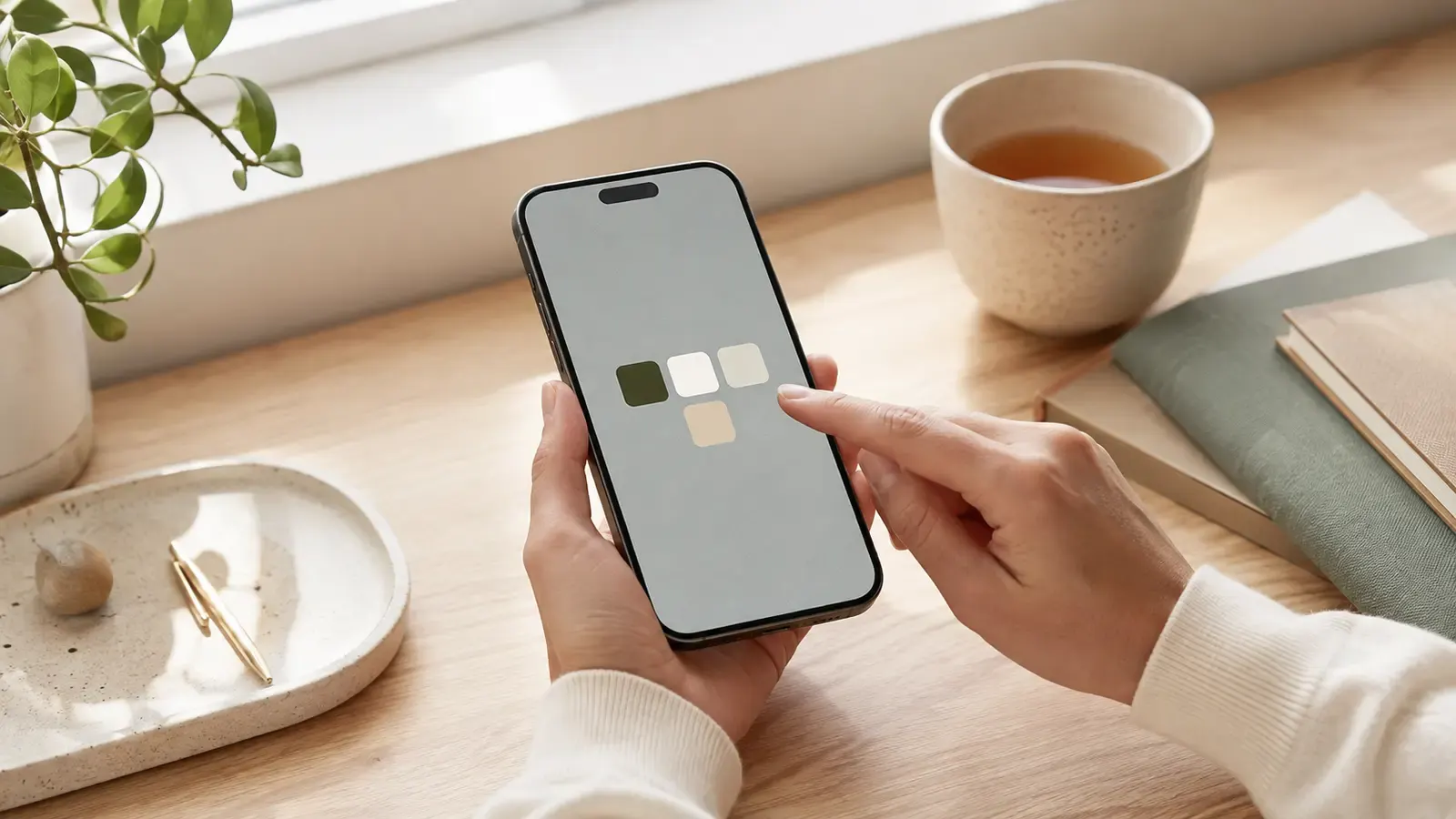 Person simplifying a smartphone home screen at a calm and uncluttered desk