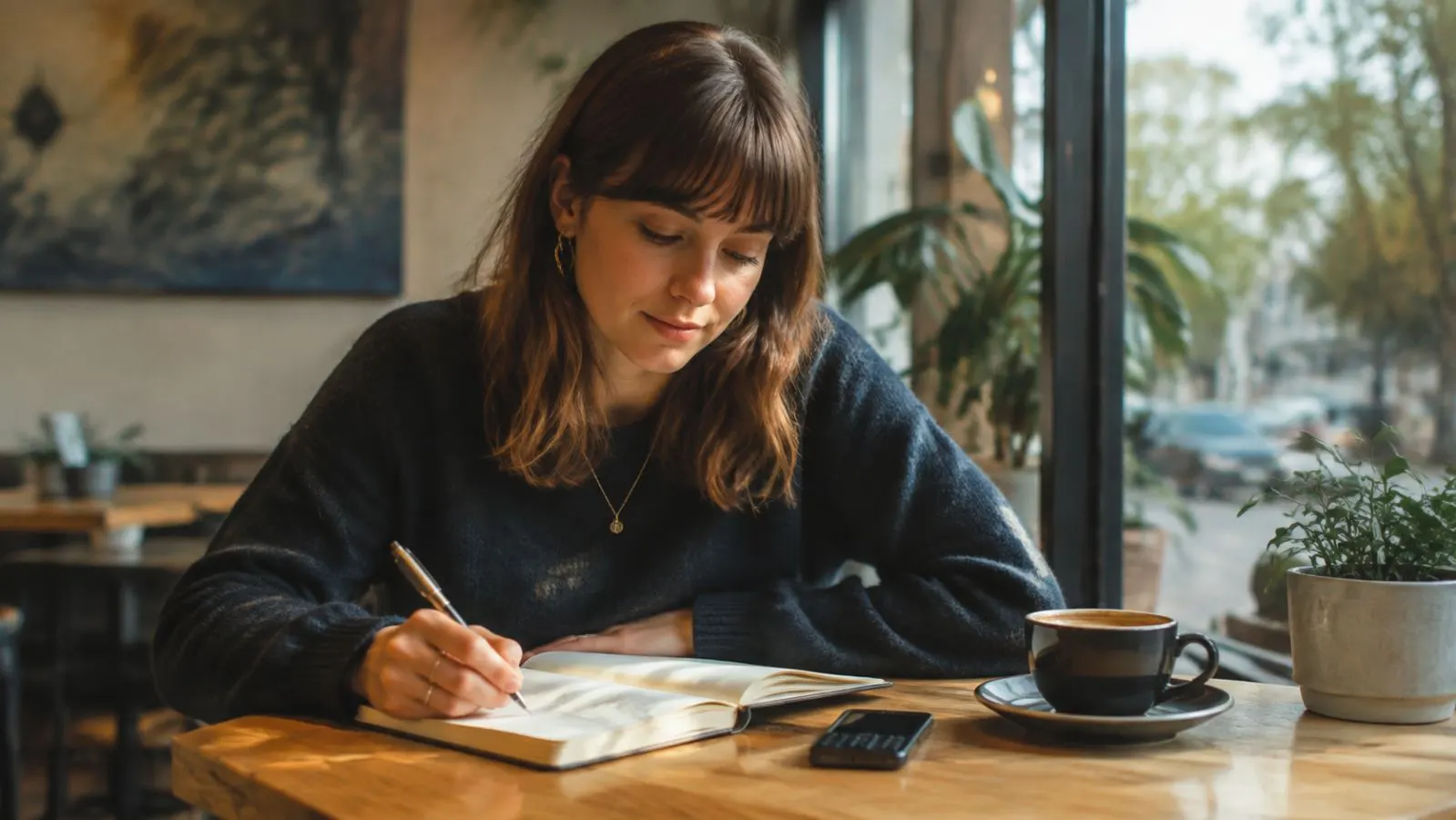 Young adult writing in a notebook at a cafe with a simple feature phone on the table