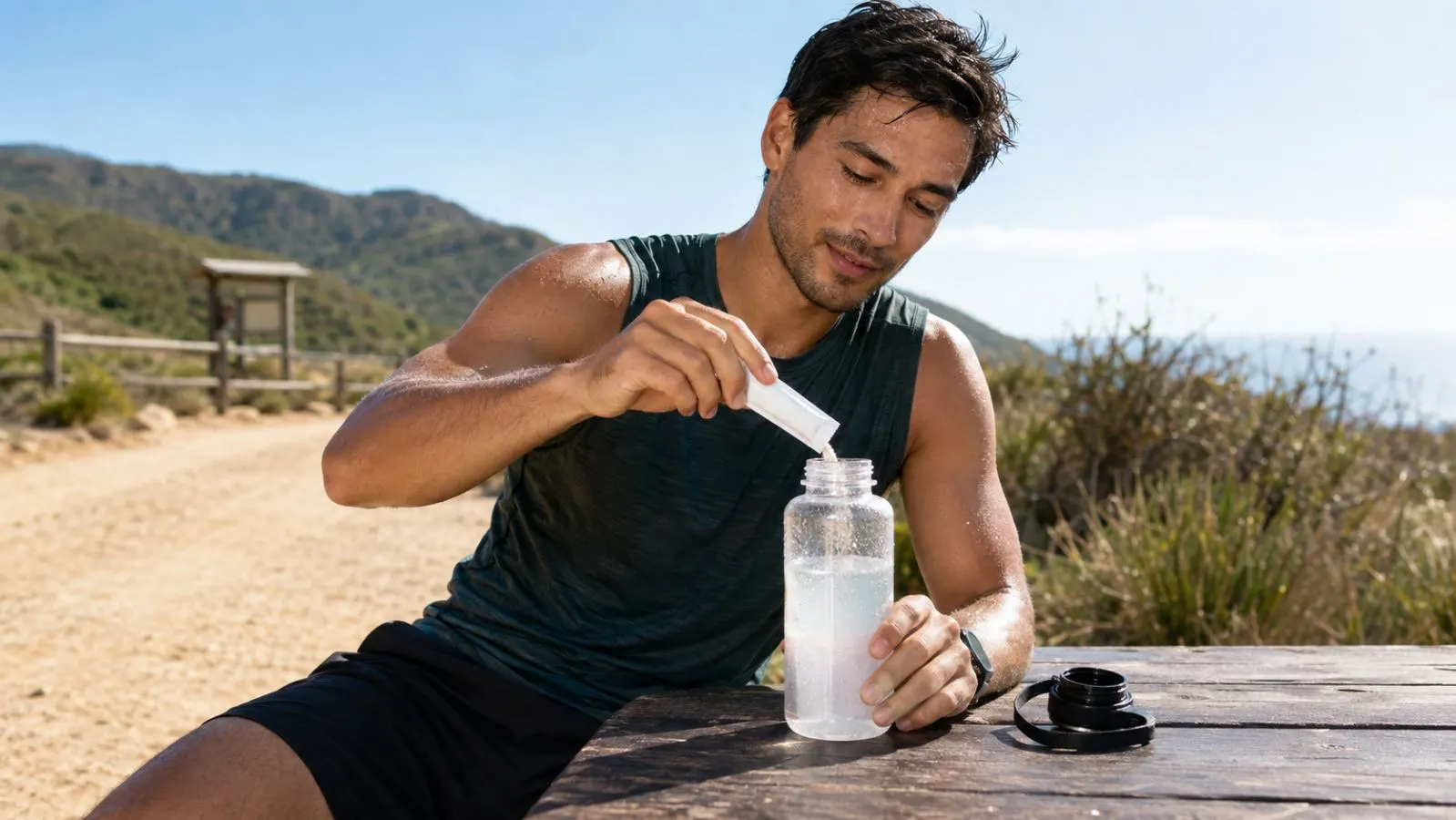 Active man mixing a blank electrolyte packet into a water bottle after outdoor exercise