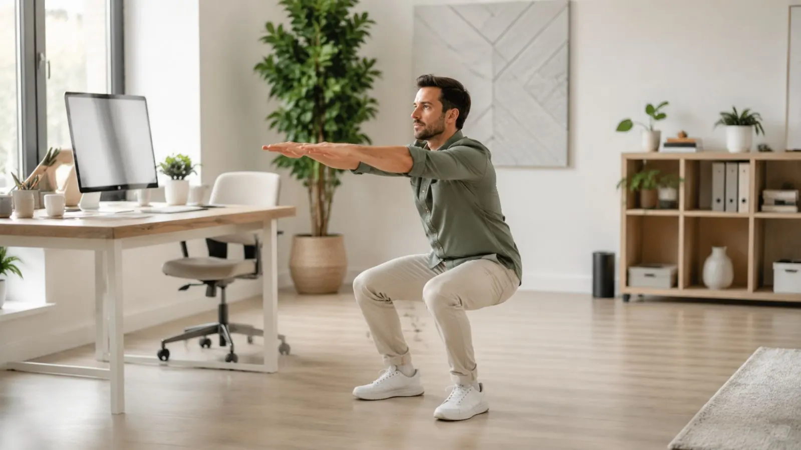 Office worker doing controlled bodyweight squats beside a desk