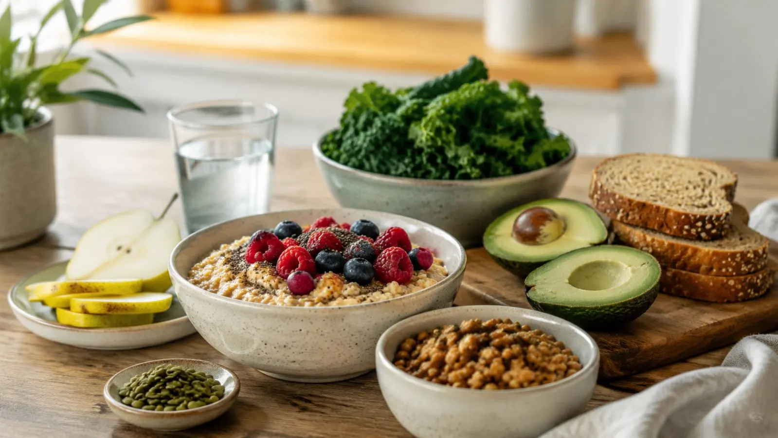 A high-fiber meal spread with oats, berries, chia seeds, lentils, pear, avocado, kale, and whole-grain bread