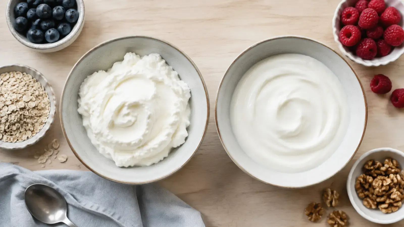 Side-by-side bowls of thick Greek yogurt and smooth regular yogurt