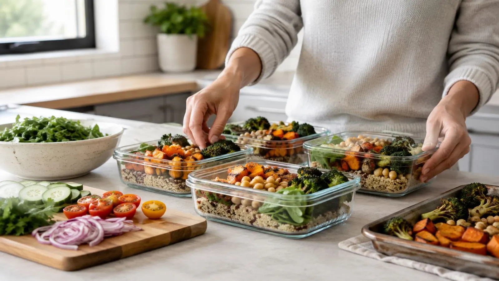 Colorful vegetables, grains, and meal-prep containers arranged on a kitchen counter
