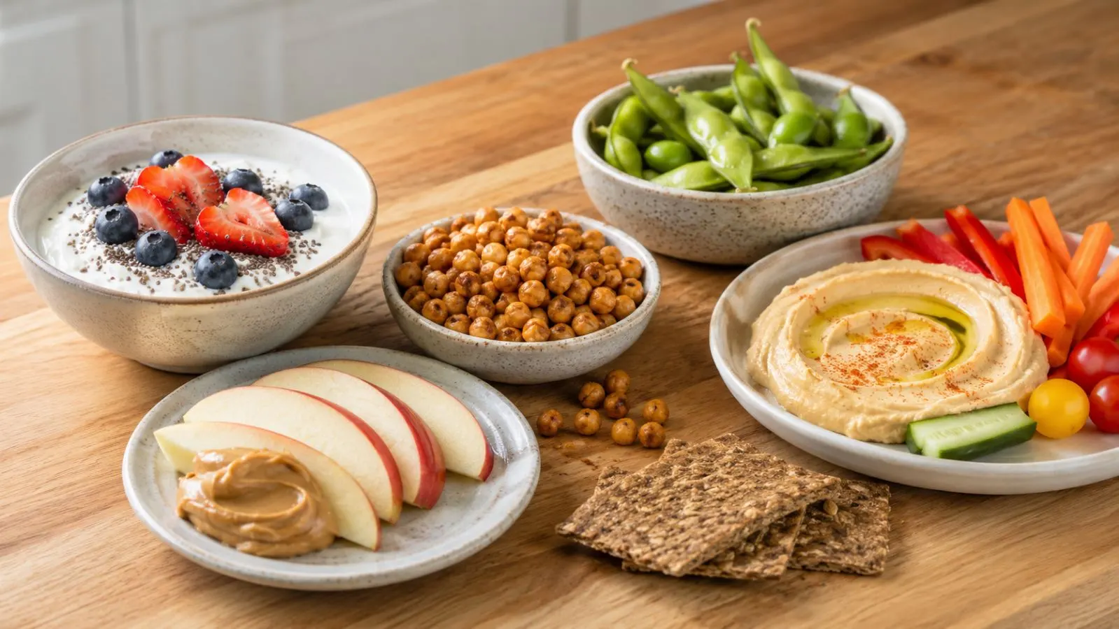 High-protein, high-fiber snacks including yogurt with berries and chia, roasted chickpeas, edamame, hummus, vegetables, apples, and whole-grain crackers