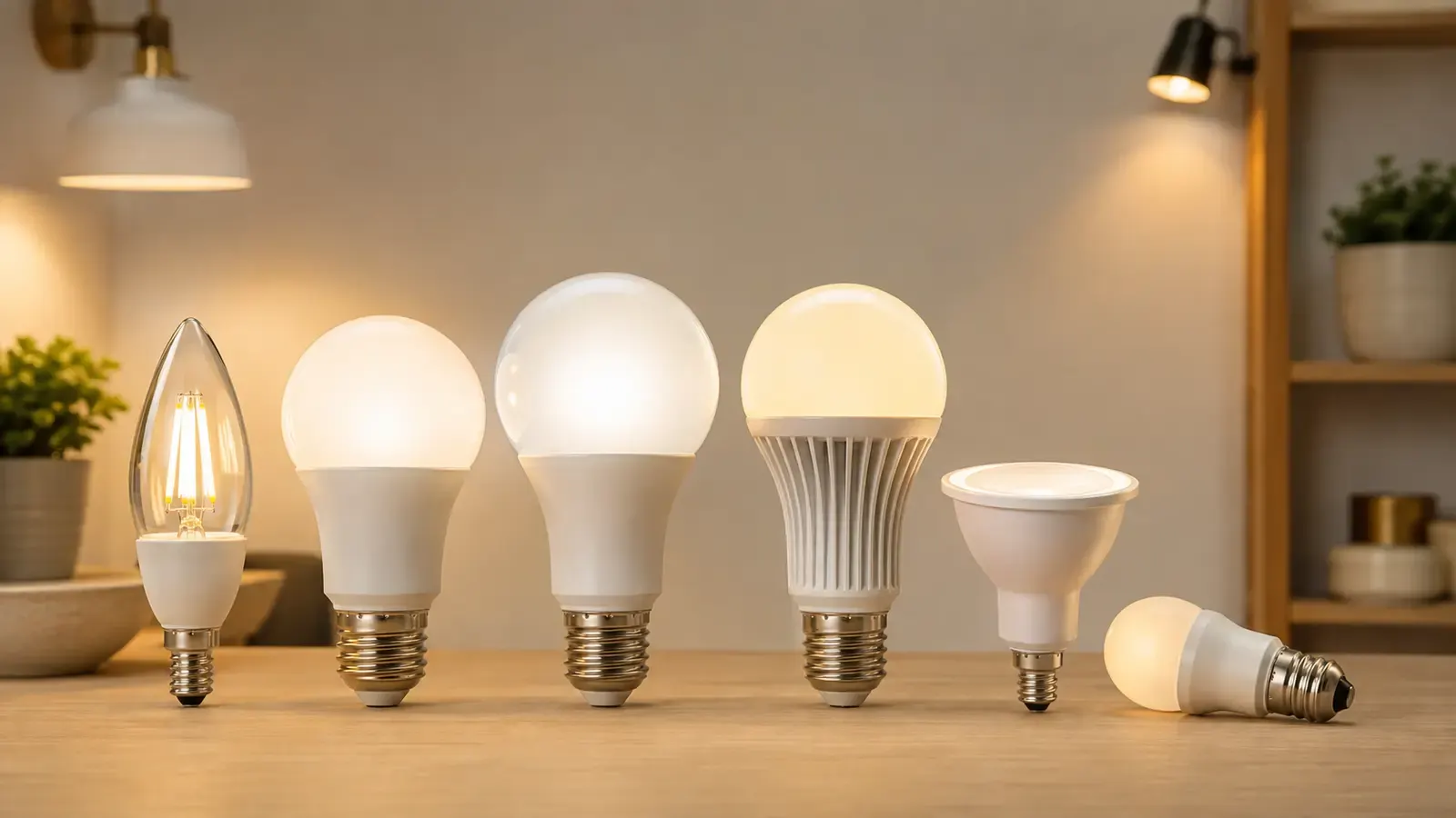 Selection of household LED bulbs showing different shapes and warm-to-neutral light
