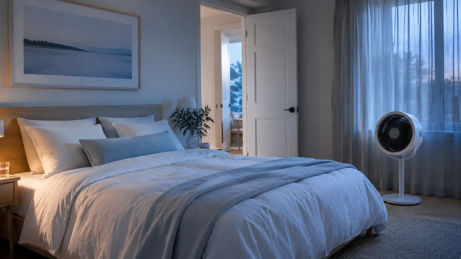 Cool summer bedroom with light bedding, shaded windows, and a portable fan