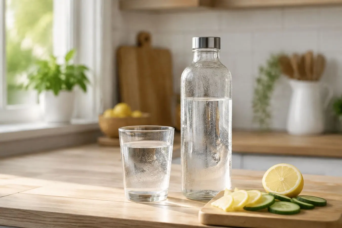 Glass bottle and drinking glass filled with water on a bright kitchen counter