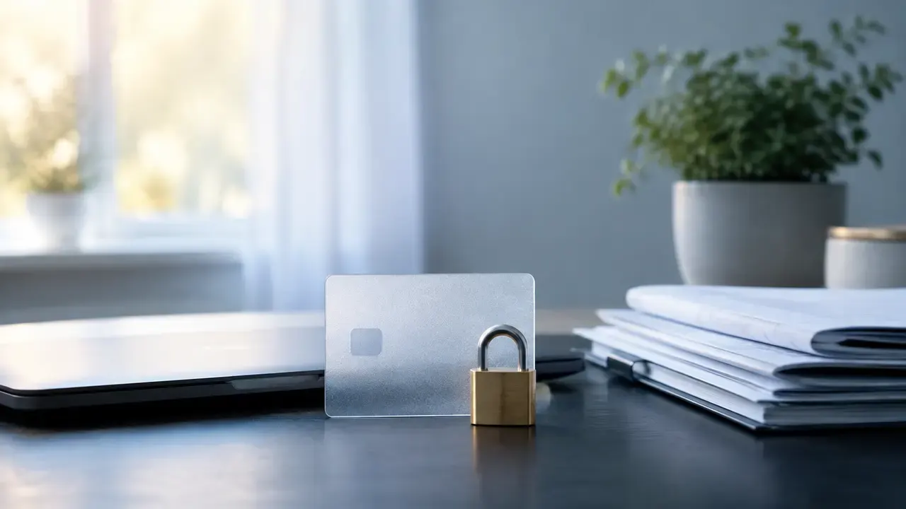 Frosted credit card and padlock on a secure home desk