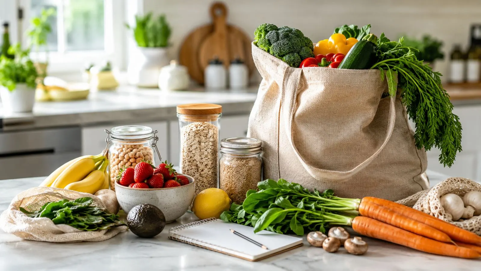 A reusable grocery bag filled with vegetables, fruit, grains, and pantry staples beside a shopping list
