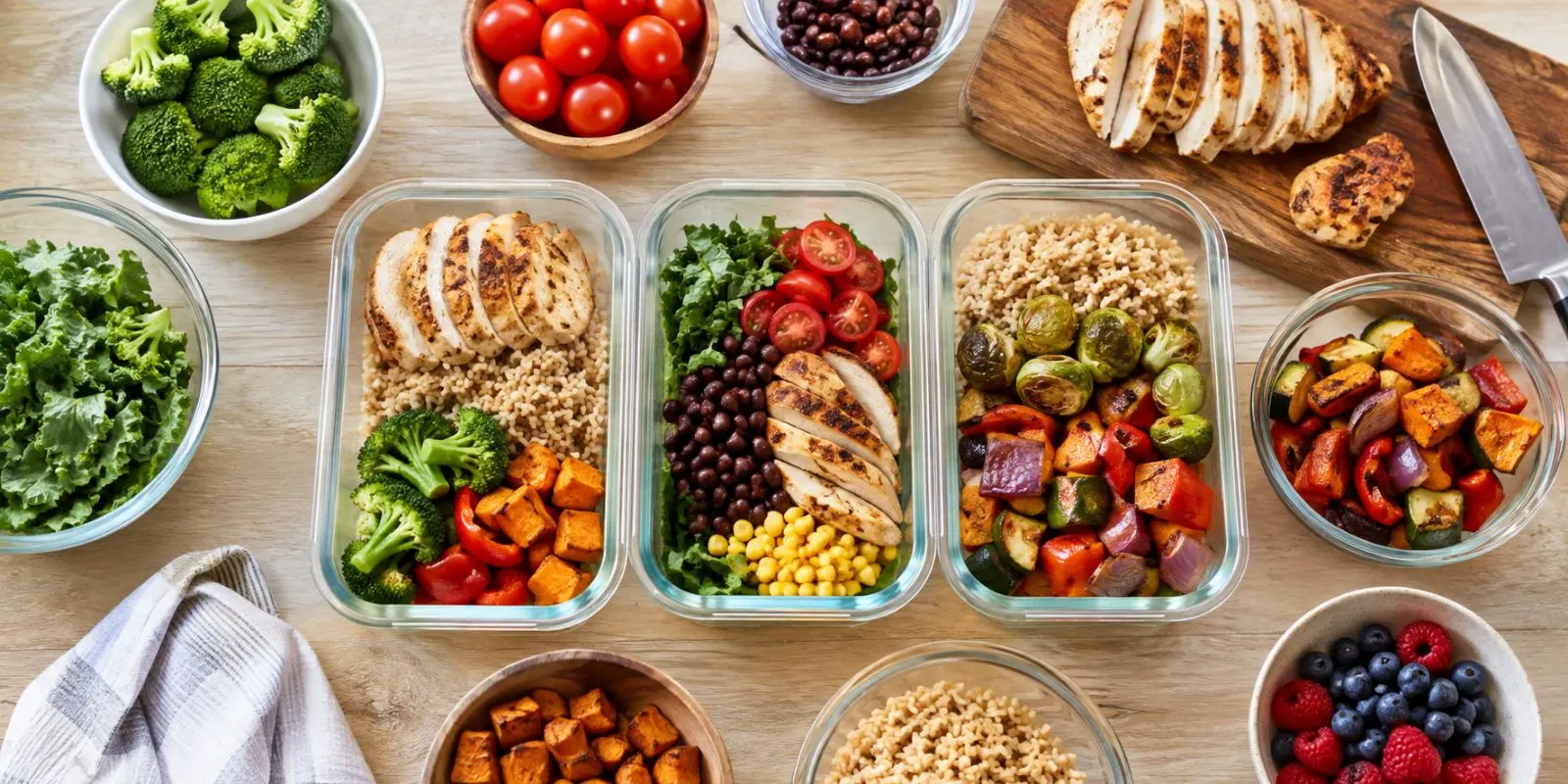 Healthy meal-prep containers with vegetables, grains, beans, and chicken on a kitchen table