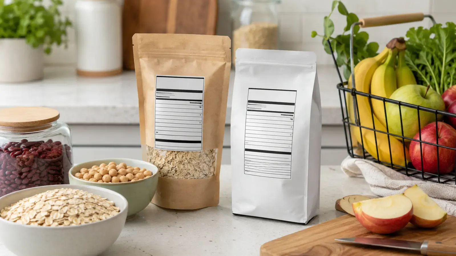 Generic food packages with nutrition panels beside oats, beans, fruit, and a grocery basket