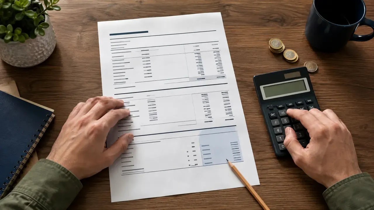 Hands reviewing a fictional pay stub beside a calculator on a wooden desk