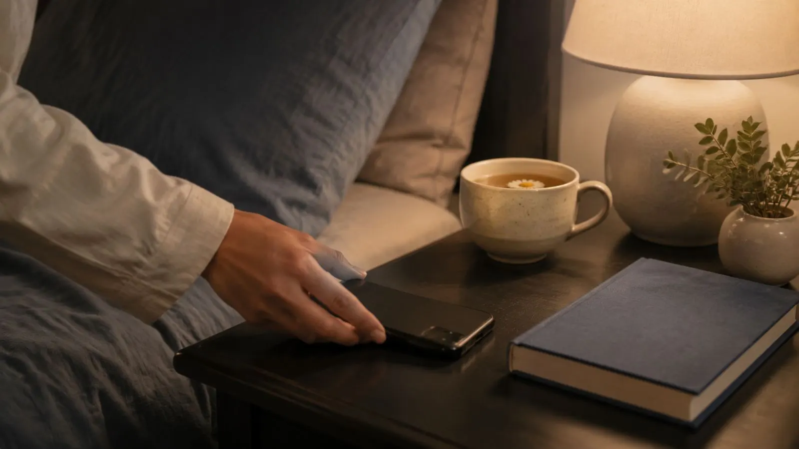 A phone placed face down beside a book and herbal tea on a bedside table