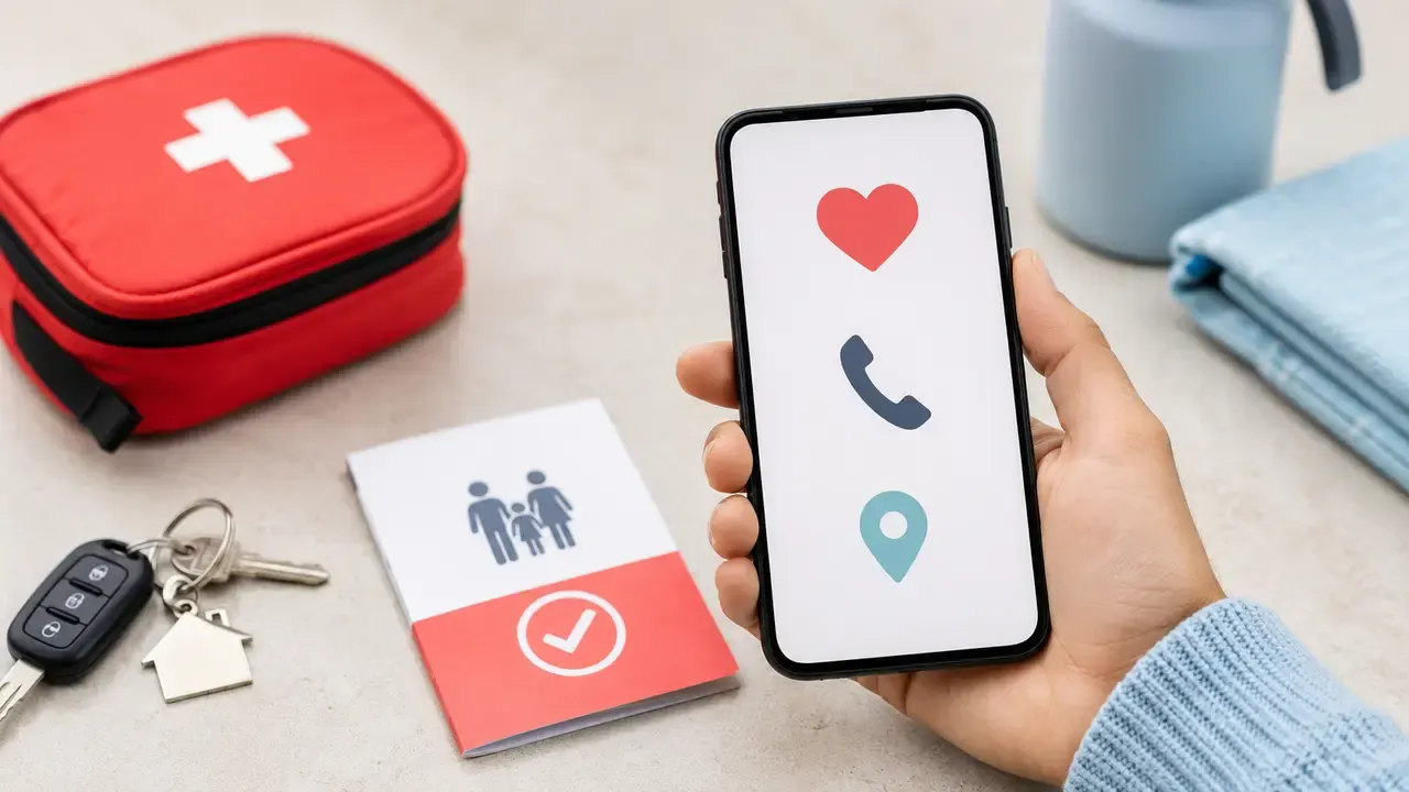 Hand holding a phone with generic emergency icons beside a first-aid pouch and keys