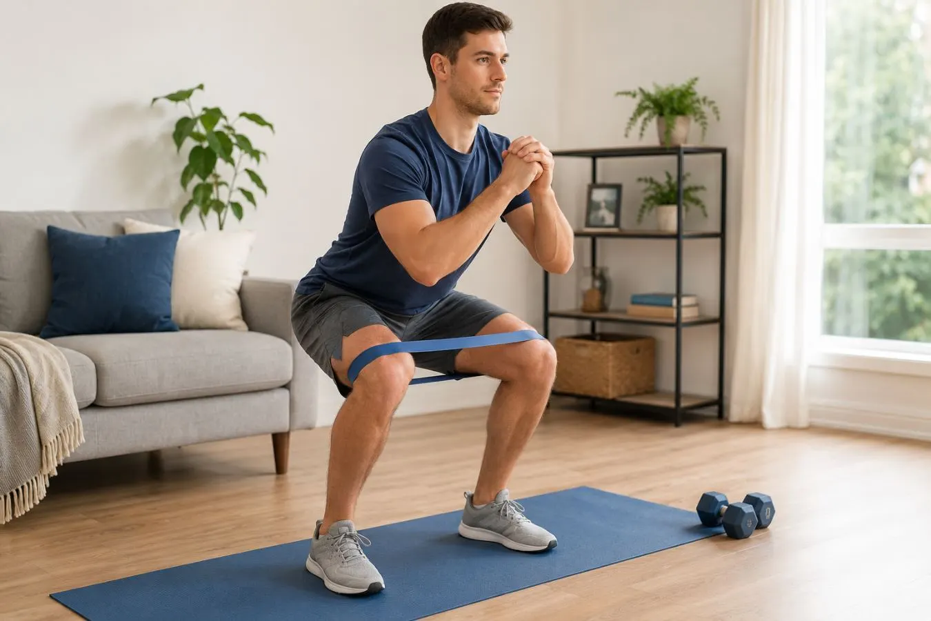 Adult performing a controlled resistance-band squat in a bright living room