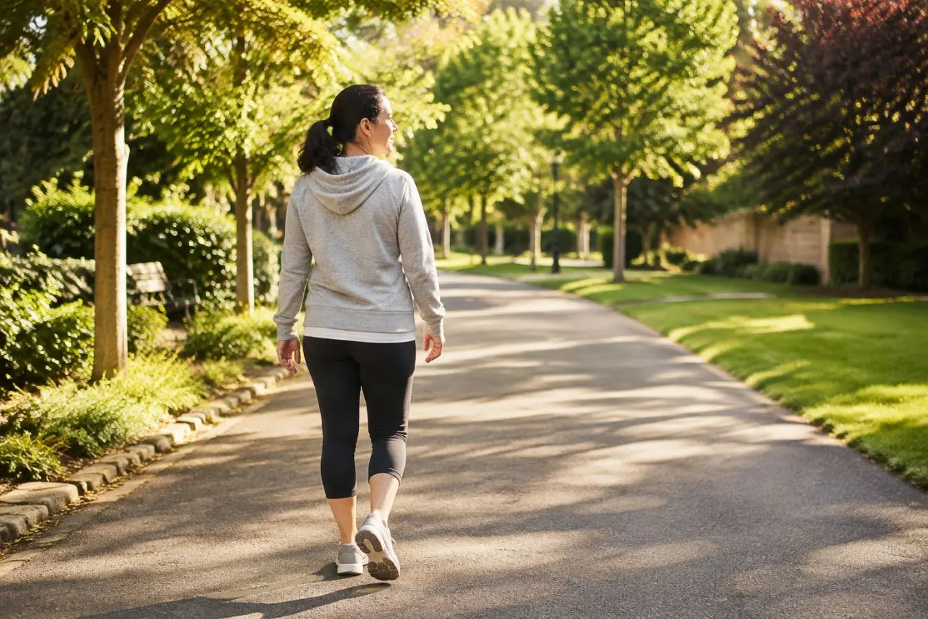 Adult taking a brisk morning walk along a sunlit leafy park path