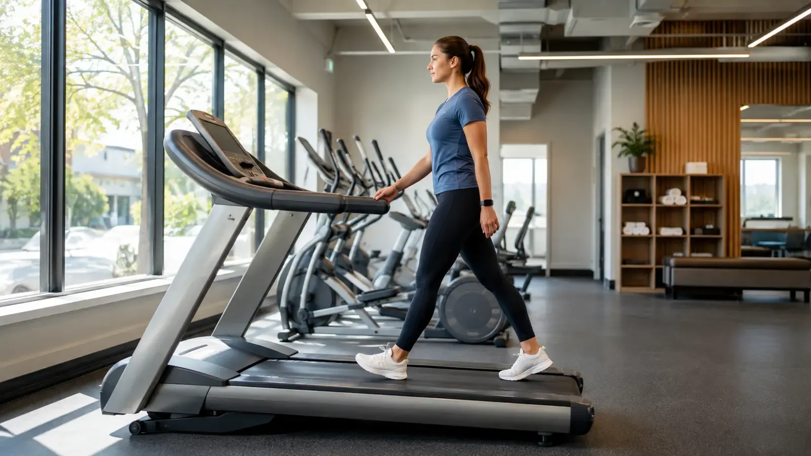 Beginner walking with upright posture on a gently inclined treadmill