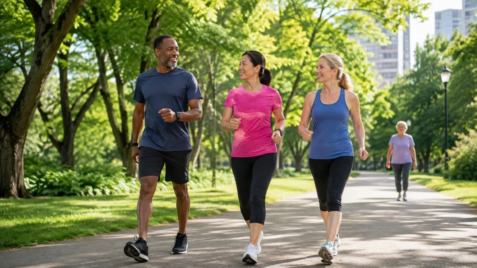 Diverse middle-aged adults brisk walking together on a sunny green park path