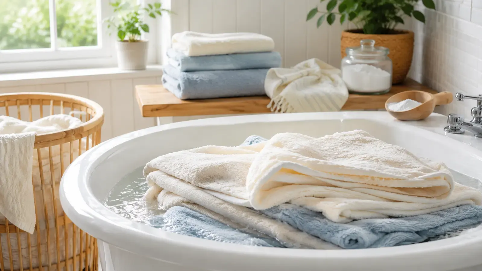 Neutral cotton towels soaking in a bright home laundry basin