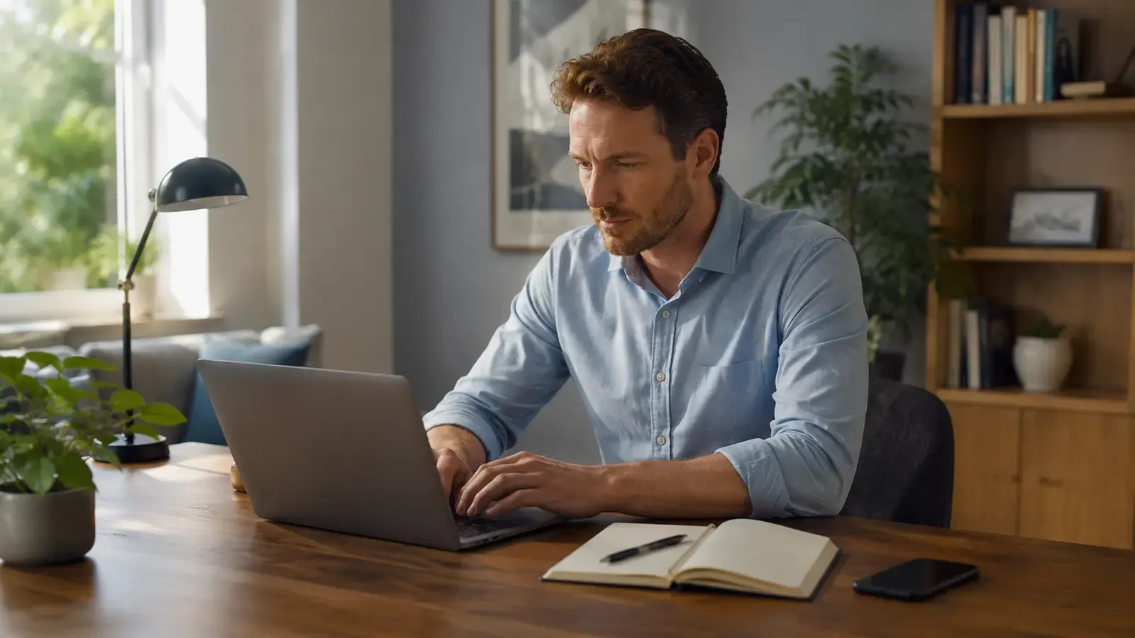 Professional concentrating on one task at a clean home office desk