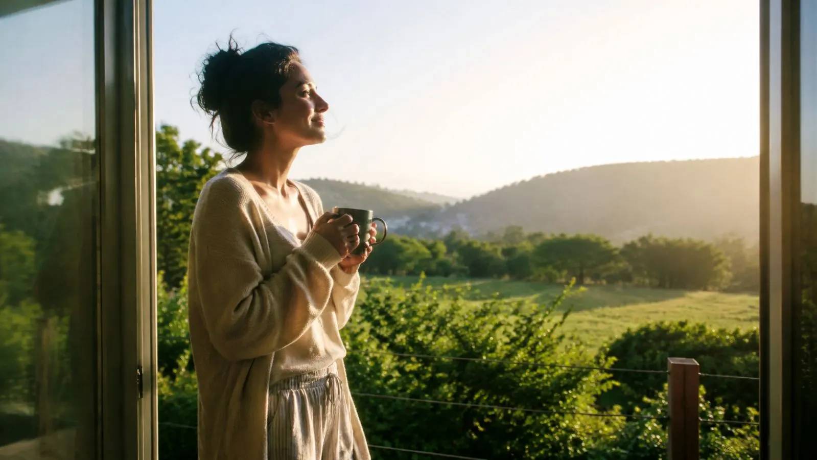 Woman enjoying gentle morning daylight from an open balcony while holding a warm drink