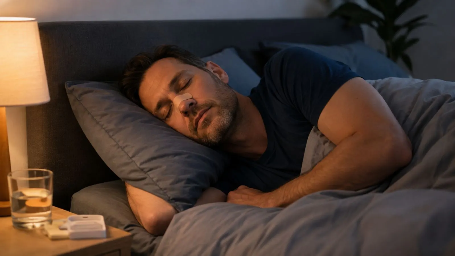 Adult sleeping peacefully on their side in a calm bedroom with an unbranded nasal strip nearby