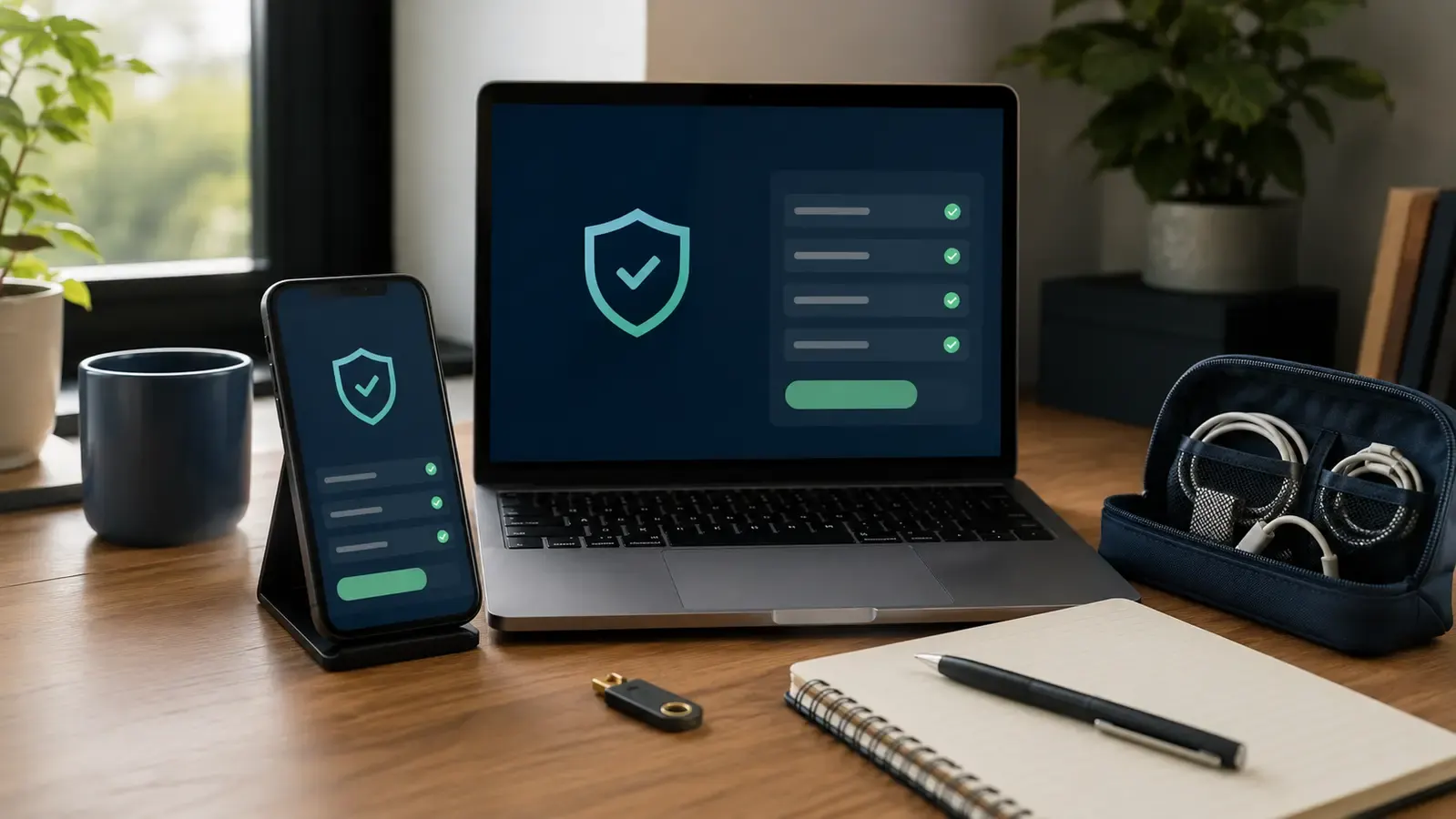 Laptop and phone showing generic security checkmarks beside a physical security key