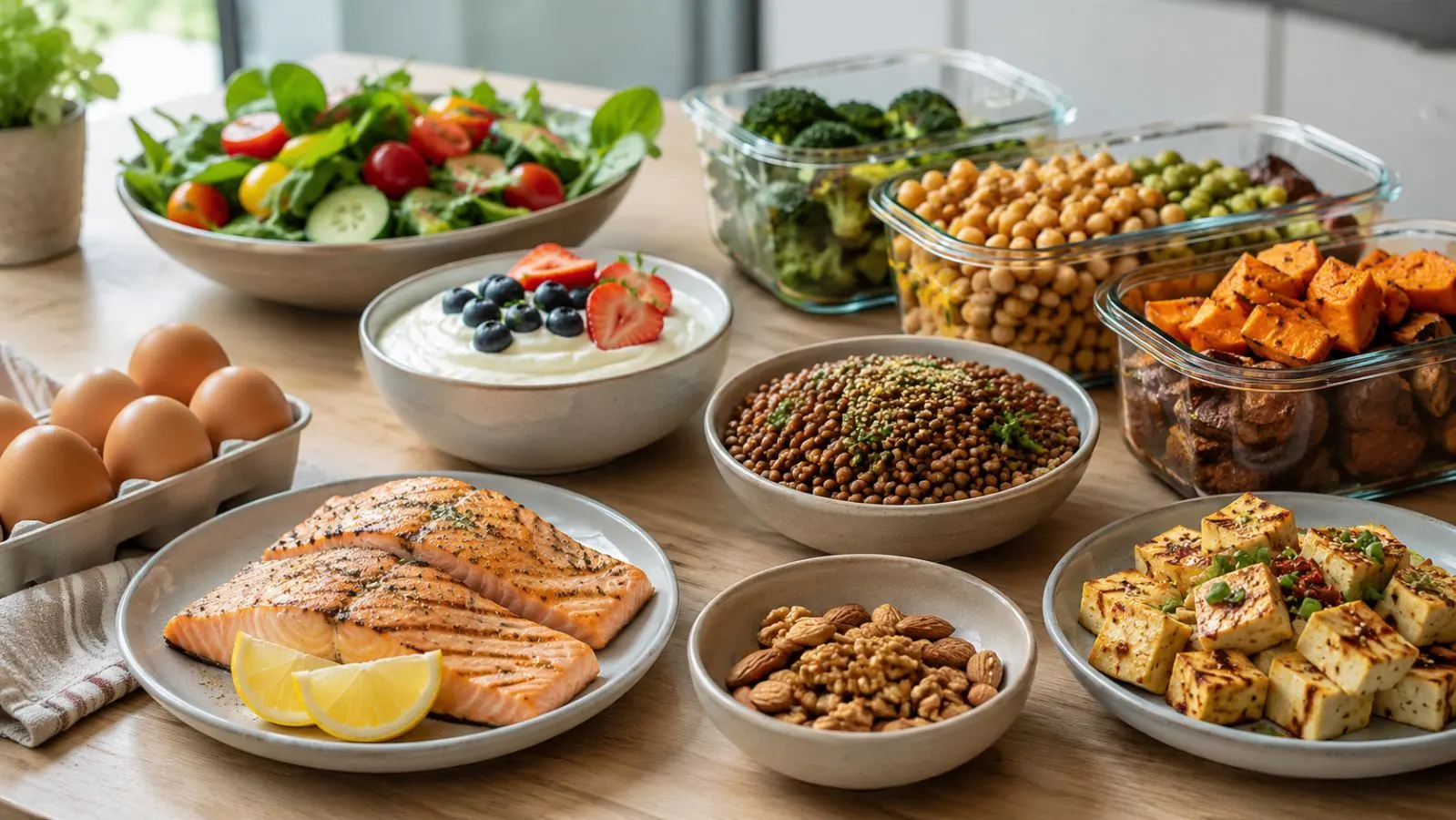 A balanced spread of salmon, eggs, Greek yogurt, tofu, lentils, chickpeas, nuts, and vegetables on a bright kitchen table