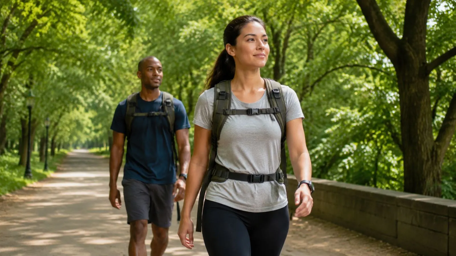 Two adults rucking with fitted backpacks on a green park trail