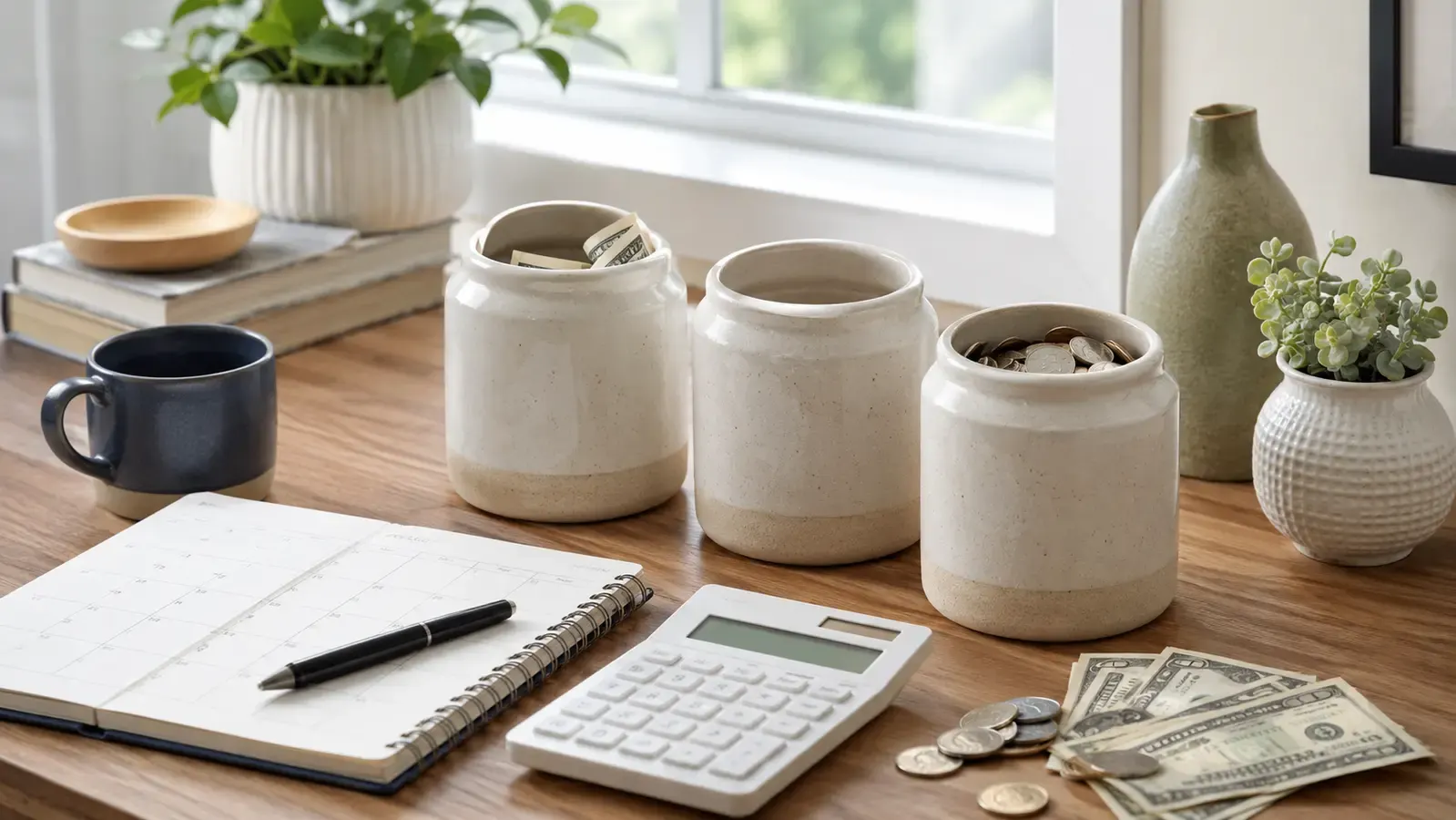Three savings jars beside a planner, calculator, cash, and coins