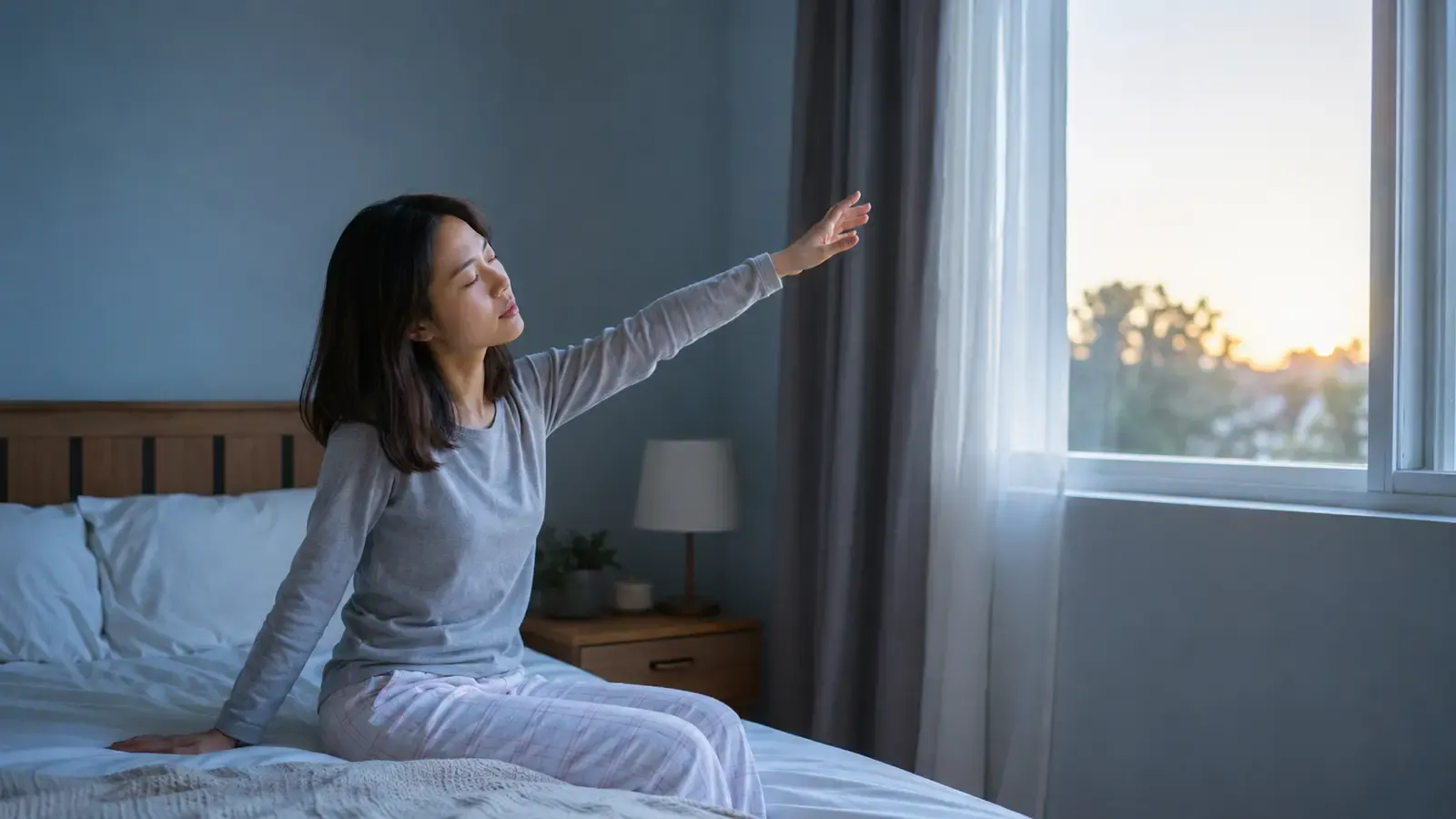 Groggy adult sitting on the edge of a bed and reaching toward natural morning light