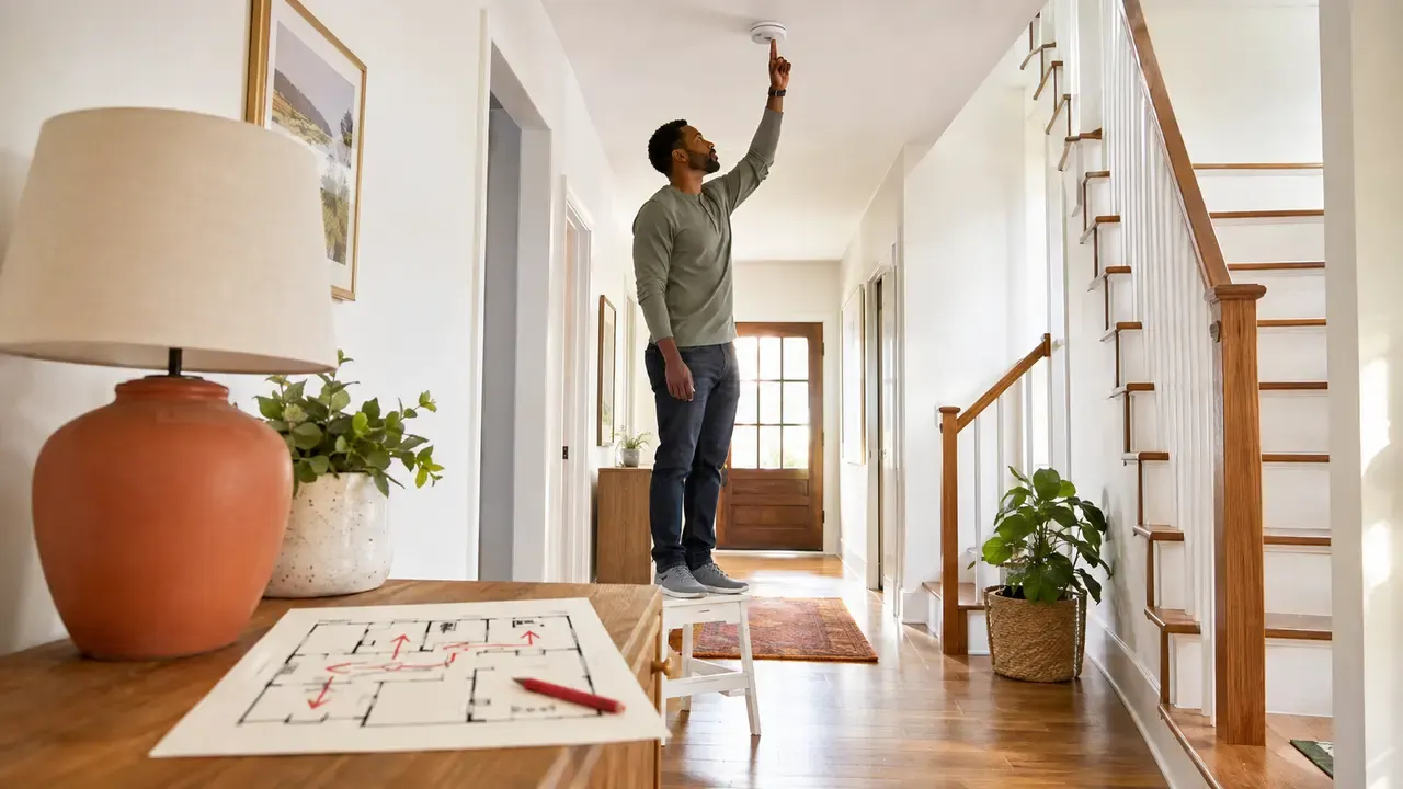 Adult testing a ceiling smoke alarm with a home escape plan visible nearby